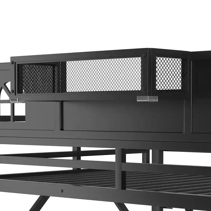 Lit mezzanine ModernLuxe double/grand format avec escalier et armoire intégrée, cadre de lit en métal avec lumières LED, station de charge USB et étagères de rangement