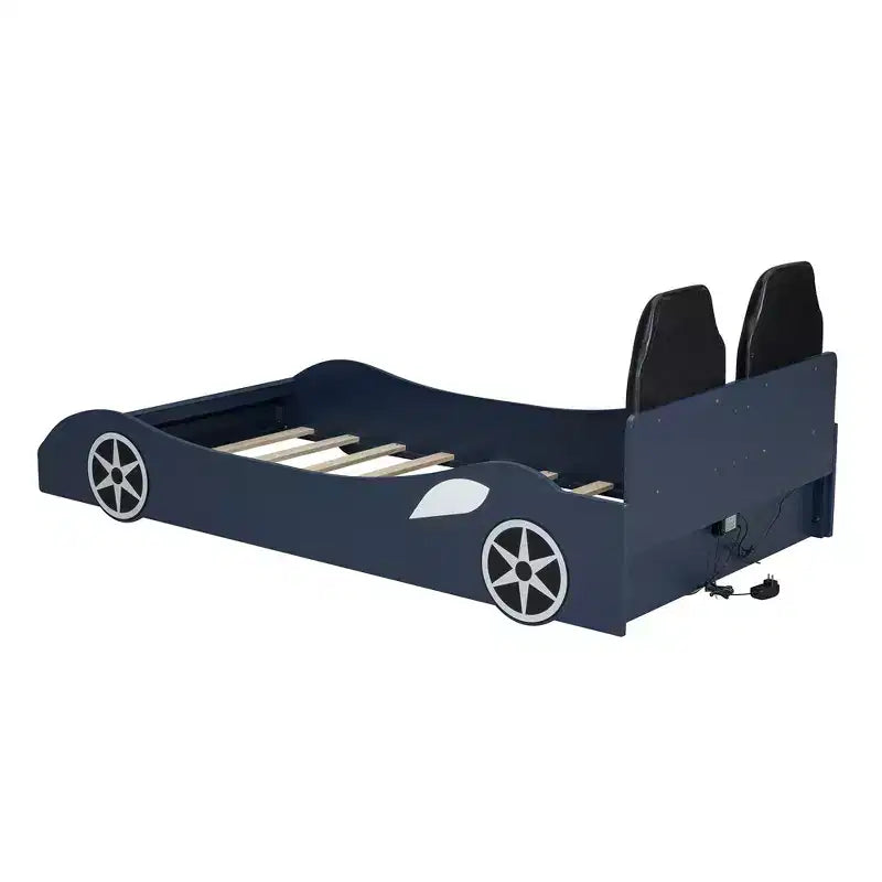 Lit plateforme Whisen Wood en forme de voiture de course, taille double, avec LED et dossier rembourré