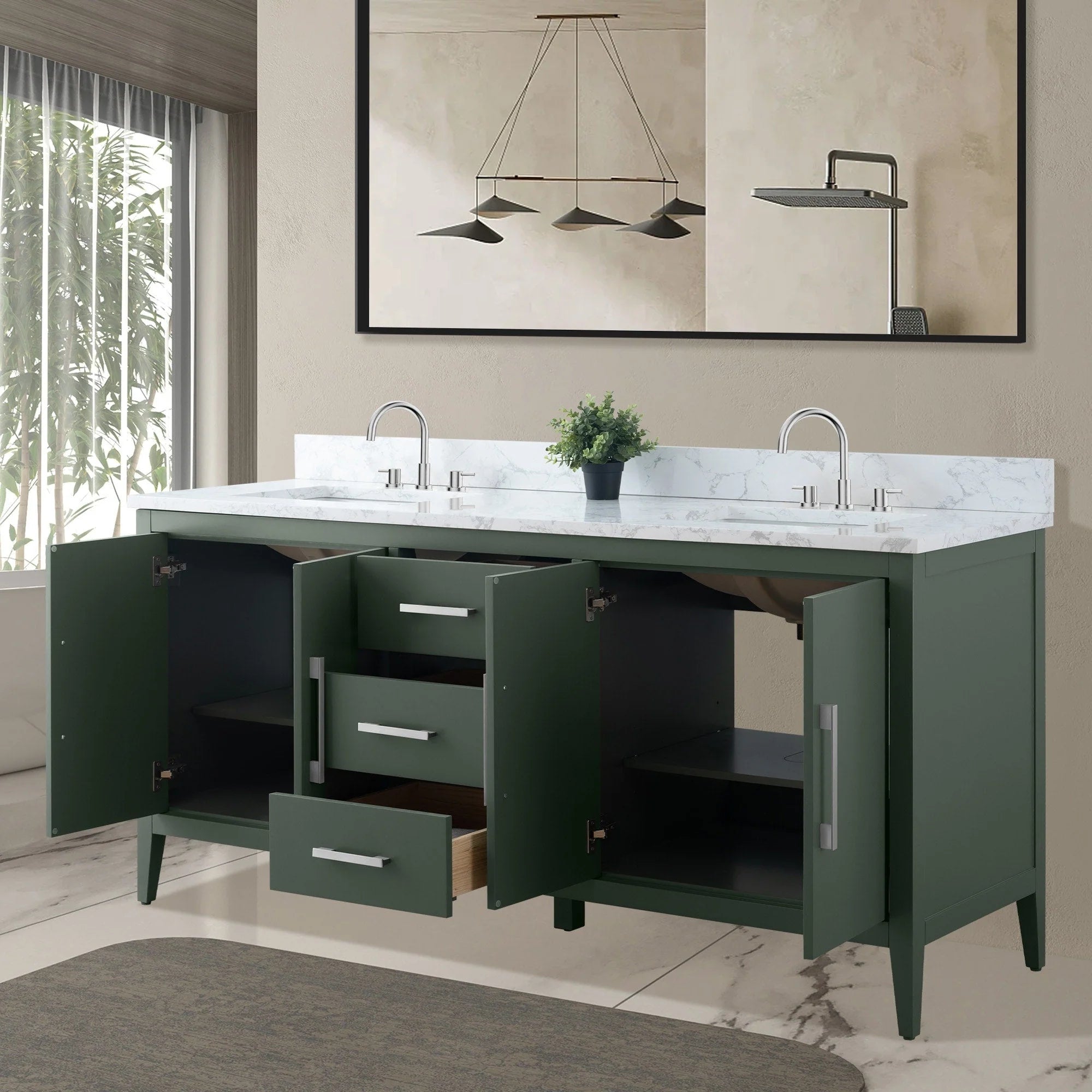 Meuble-lavabo de salle de bain Vanity Art 72 po à double vasque avec dessus en marbre reconstitué