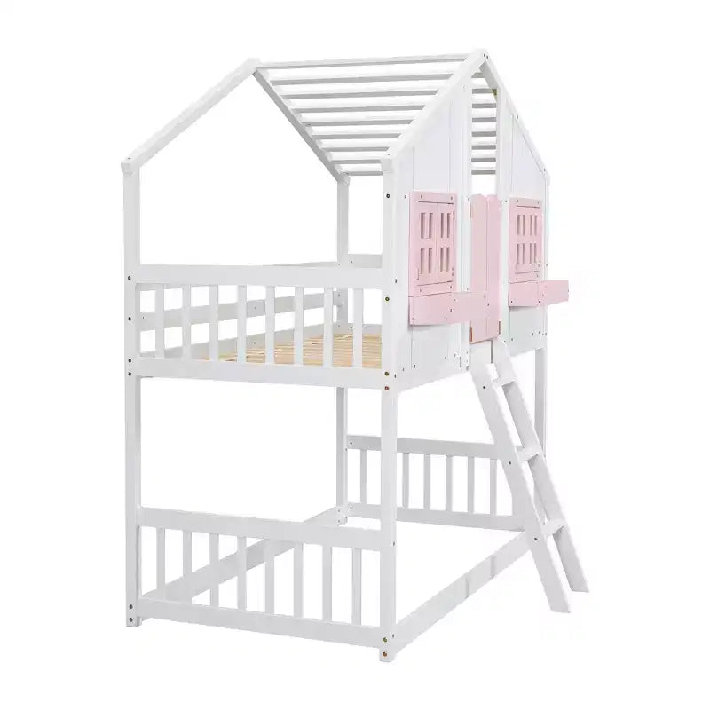 Lit mezzanine cabane de taille double, lit mezzanine cabane en bois avec échelle et barrières de sécurité pour enfants