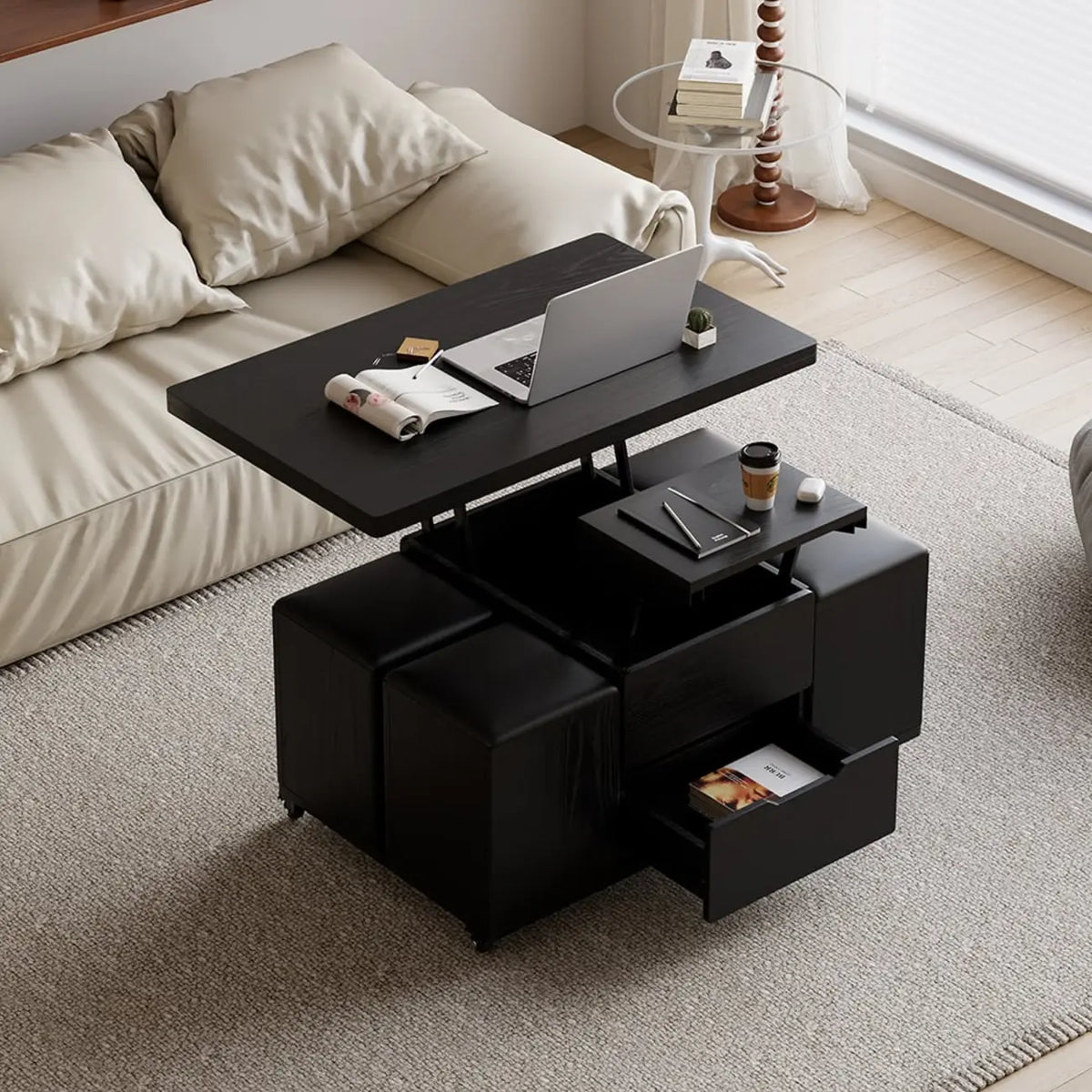 Table basse relevable pliable avec 4 tabourets et rangement
