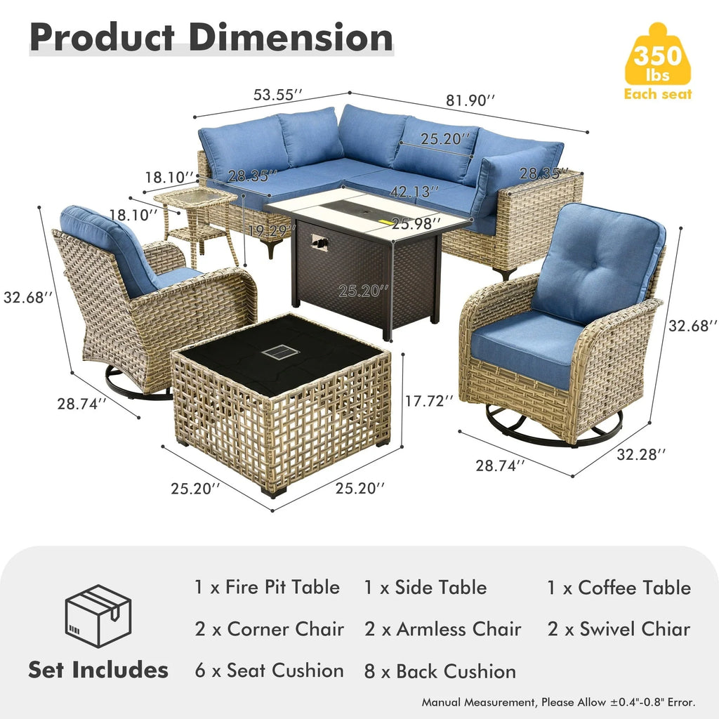 Ensemble de 9 chaises pivotantes en osier d'extérieur OVIOS avec table brasero