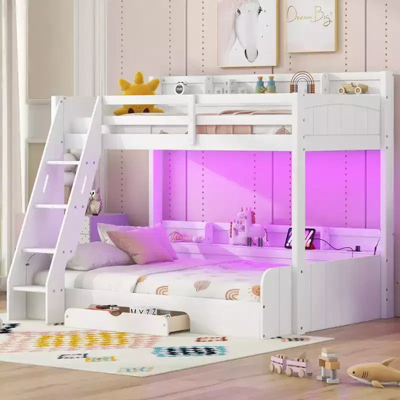 Lit superposé double sur toute la longueur avec rangement, lumières LED et station de charge, lit superposé en bois avec étagères latérales pour enfants et adolescents