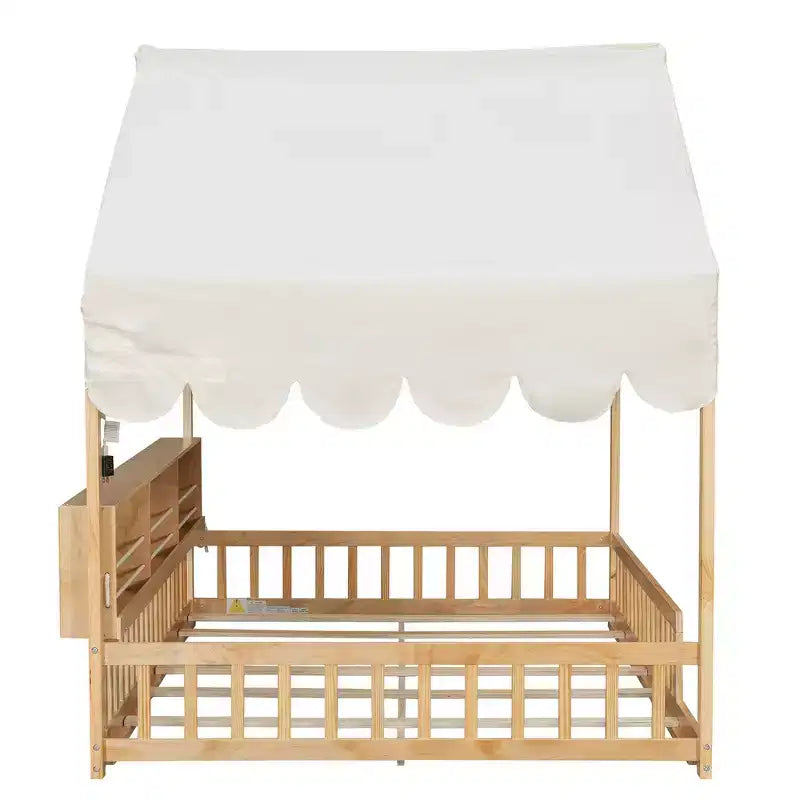Cadre de lit en bois pleine grandeur Whisen, lit de repos en forme de maison avec clôture, 3 étagères de rangement, rideau