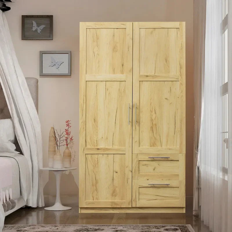 Armoire de rangement en bois blanc avec portes, tiroirs et tringle à vêtements
