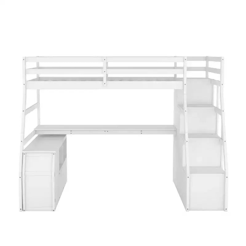 Lit mezzanine simple avec 7 tiroirs, 2 étagères, armoire et bureau pour enfants et adolescents