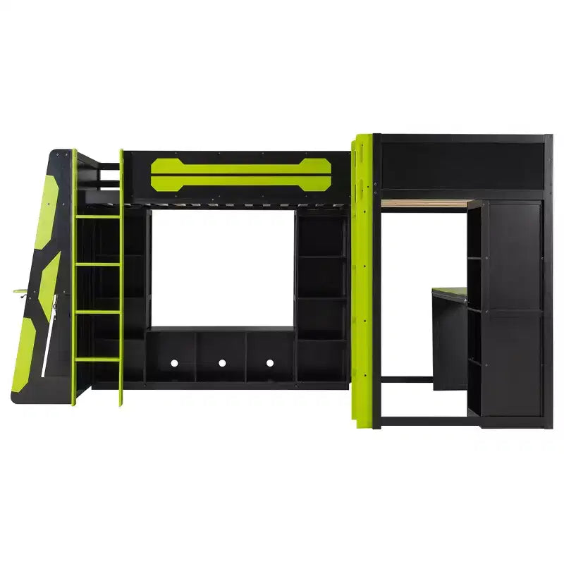 Lit mezzanine de jeu en L avec bureaux, lits superposés doubles avec lumières LED, ports USB, étagères de rangement, lit mezzanine d'angle en bois pour 2 personnes