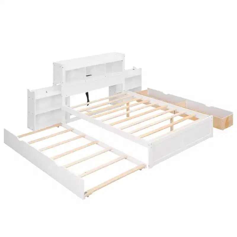 Lit plateforme complet avec lit gigogne, tête de lit bibliothèque et station de recharge, cadre de lit double en bois avec étagères et tiroirs