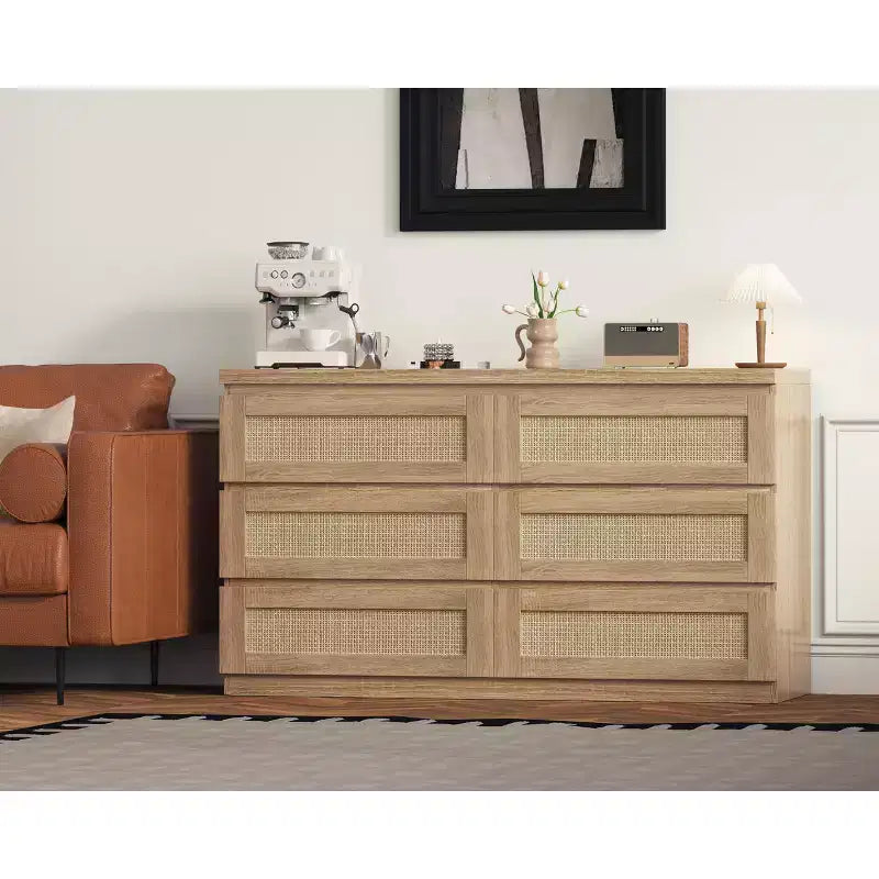 Commode en rotin pour chambre à coucher avec 6 tiroirs, 47 commode large moderne de style ferme, armoire de rangement en bois pour placard, salon, couloir