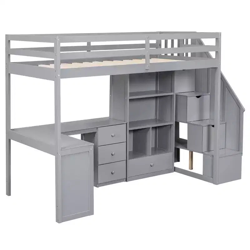 Lit mezzanine une place avec bureau en L, 3 tiroirs, placard, rangements intégrés dans l'escalier, en pin massif/MDF