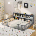 Lit de sol Montessori double/complet avec étagères de rangement et barrières de sécurité Blanc/Gris