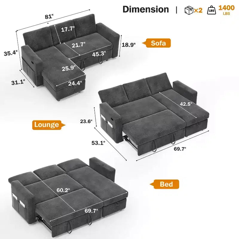 Canapé-lit sectionnel Dyonery 81, canapé-lit escamotable en forme de L avec méridienne de rangement réversible, USB, dossier inclinable