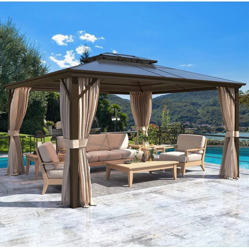 Tonnelle EROMMY à toit rigide, pergola extérieure avec double toit, moustiquaire et rideaux, auvent robuste pour patio, jardin, fête au bord de la piscine