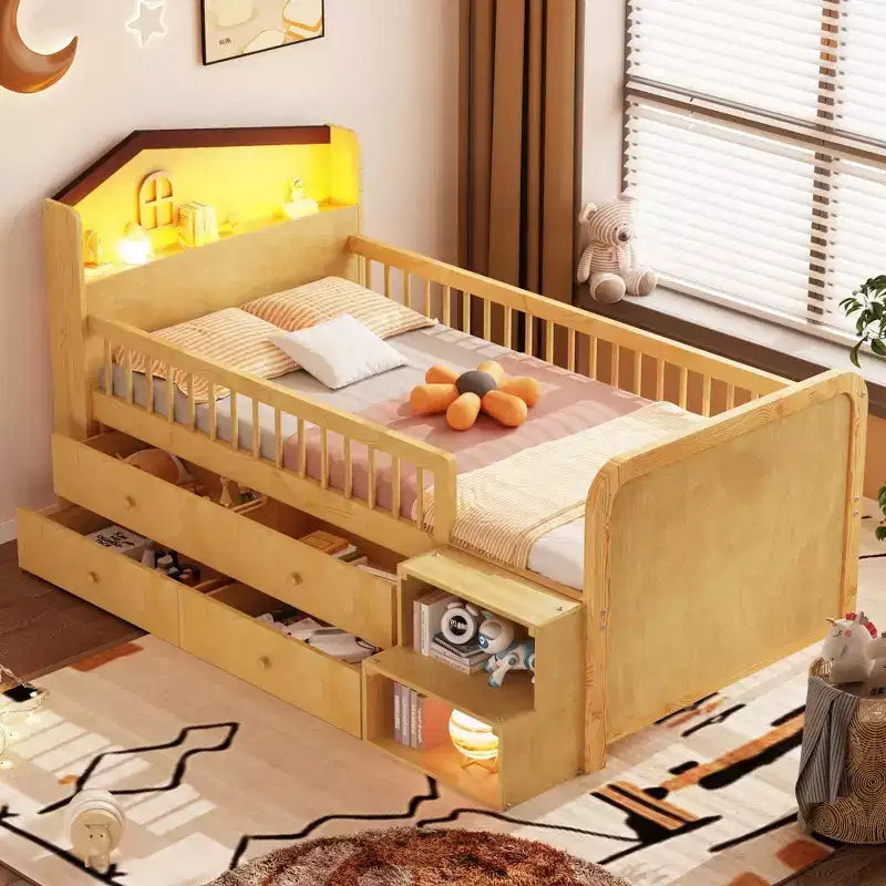 Lit mezzanine bas Whisen avec lumières LED, tête de lit en forme de maison et tiroirs de rangement, construction robuste