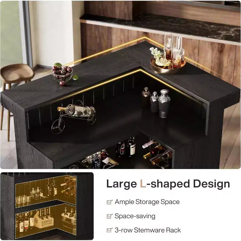 Bar de salon en L Lantine, bar à liqueurs d'angle à 4 niveaux avec étagères de rangement et porte-verres à vin pour pub à domicile