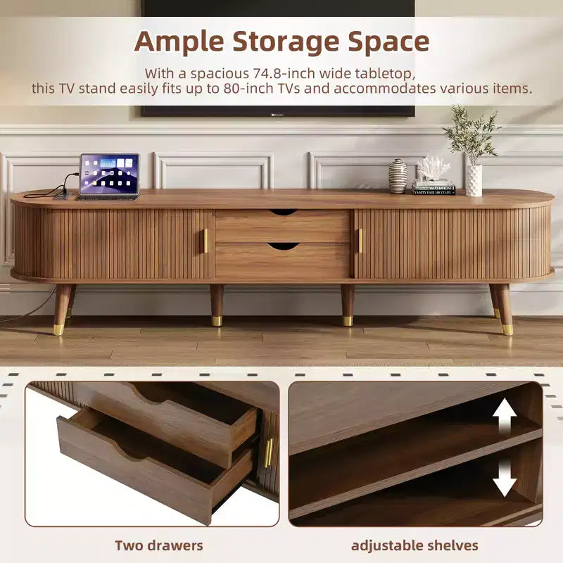 CLIHOME Meuble TV et table basse de ferme en bois avec station de recharge, console multimédia ovale cannelée pour TV jusqu'à 80 pouces