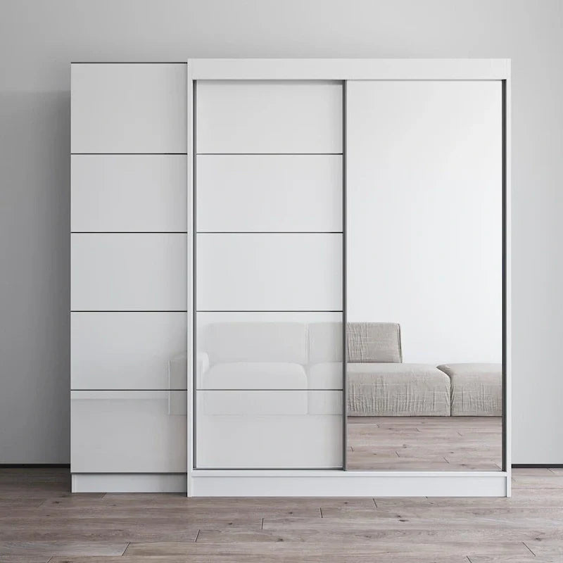Armoire 2 portes avec miroir, façade vitrée, 2 personnes (Gris / Noir / Blanc)