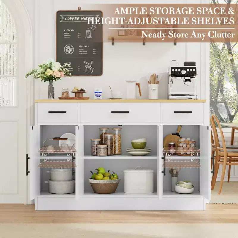 Buffet de cuisine Celebalcony avec rangement, grand buffet de cuisine de 135,6 cm avec 3 tiroirs et 4 portes, étagère réglable pour cuisine, salon