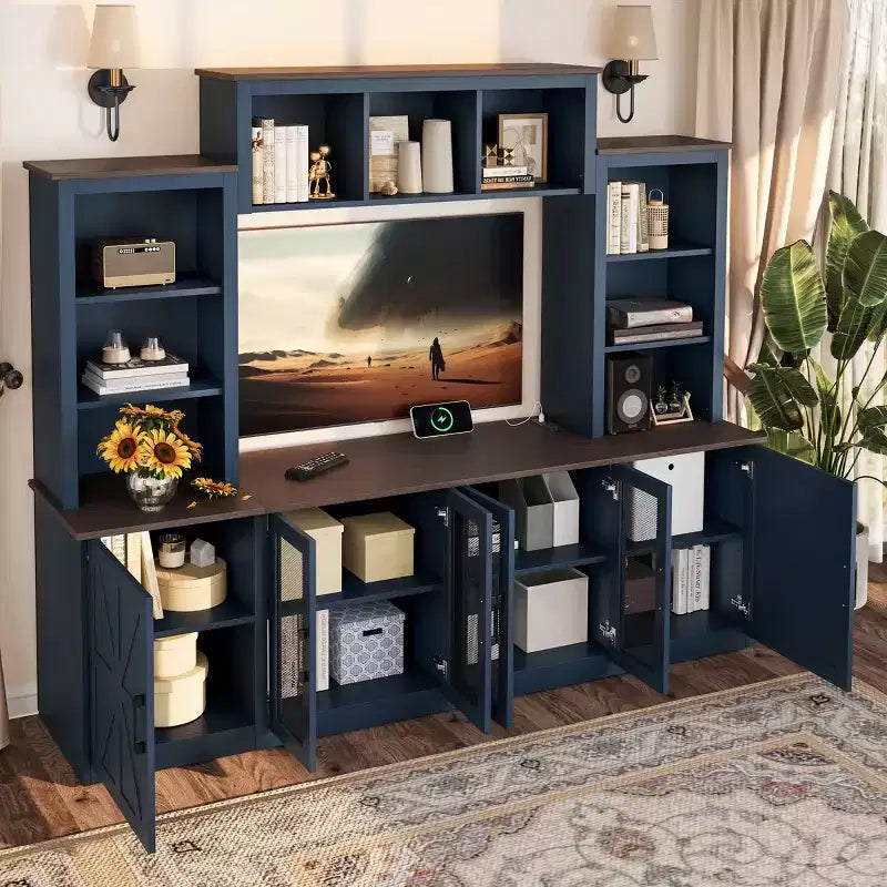 Meuble TV Moderne pour Téléviseur de 55 Pouces avec Station de Chargement, Console Multimédia avec Grands Placards de Rangement, Meuble TV pour Salon-Panipeachy