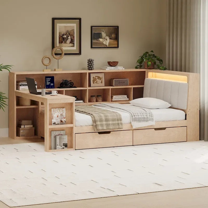 Canapé-lit d'angle en bois en forme de L avec bureau, bibliothèque, lit d'angle avec tiroirs de rangement, tête de lit rembourrée et éclairage intégré