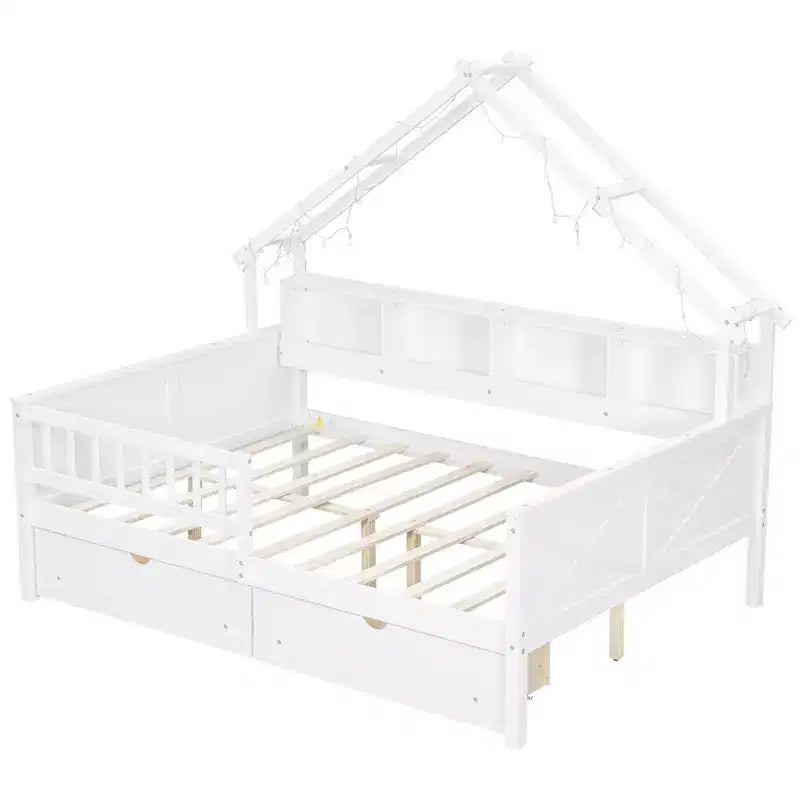 Cadre de lit maison pleine grandeur avec tiroirs, lit plate-forme maison avec lumières LED, étagères de rangement et tiroirs, lit de repos en bois avec toit et garde-corps