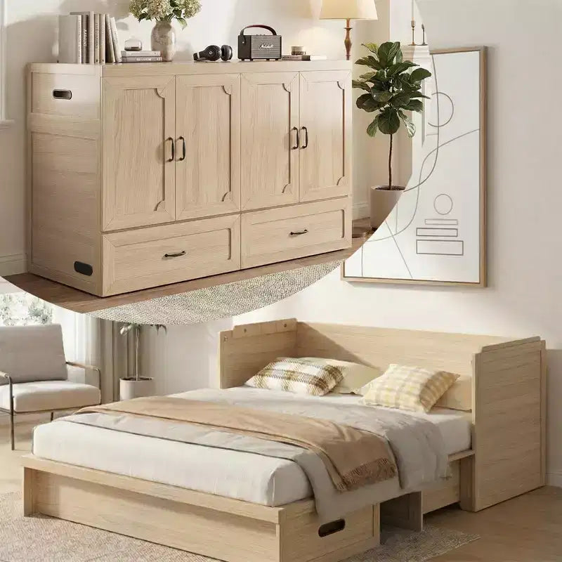 Lit armoire escamotable convertible Mjkone Queen Size avec chargement USB, tiroirs de rangement, matelas non inclus