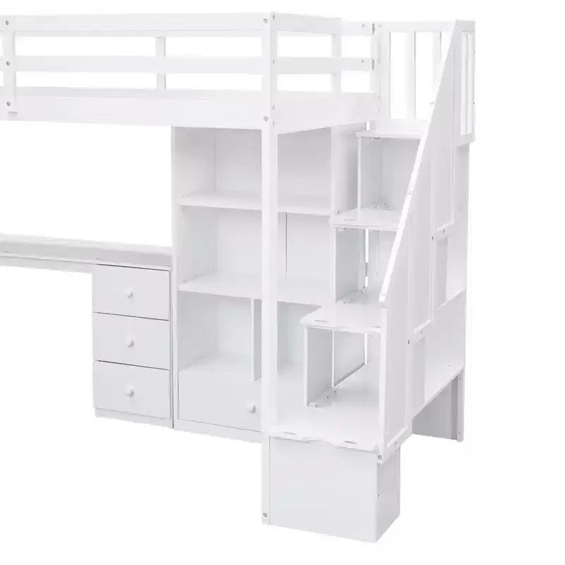 Lit mezzanine une place avec bureau en L, 3 tiroirs, placard, rangements intégrés dans l'escalier, en pin massif/MDF