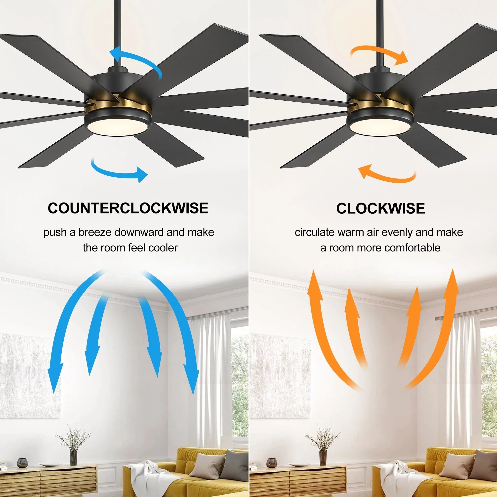 Ventilateur de plafond de 65 pouces à 8 pales noires avec lumière LED et télécommande