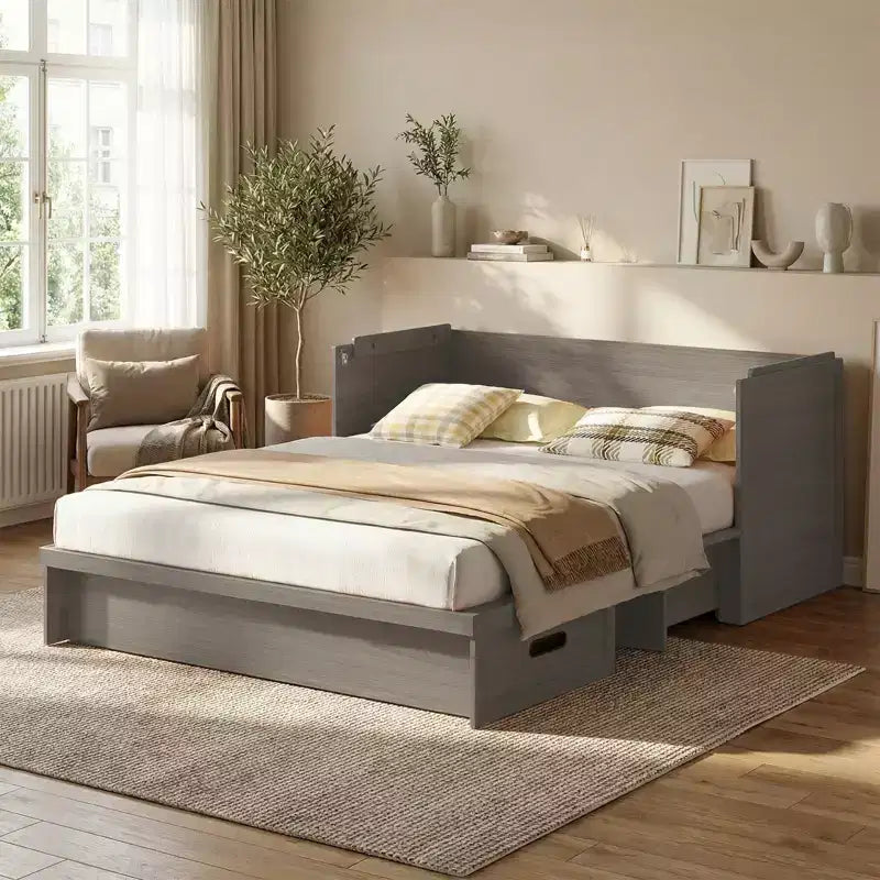 Lit escamotable convertible Queen Size Mjkone avec matelas, chargement USB, tiroirs de rangement
