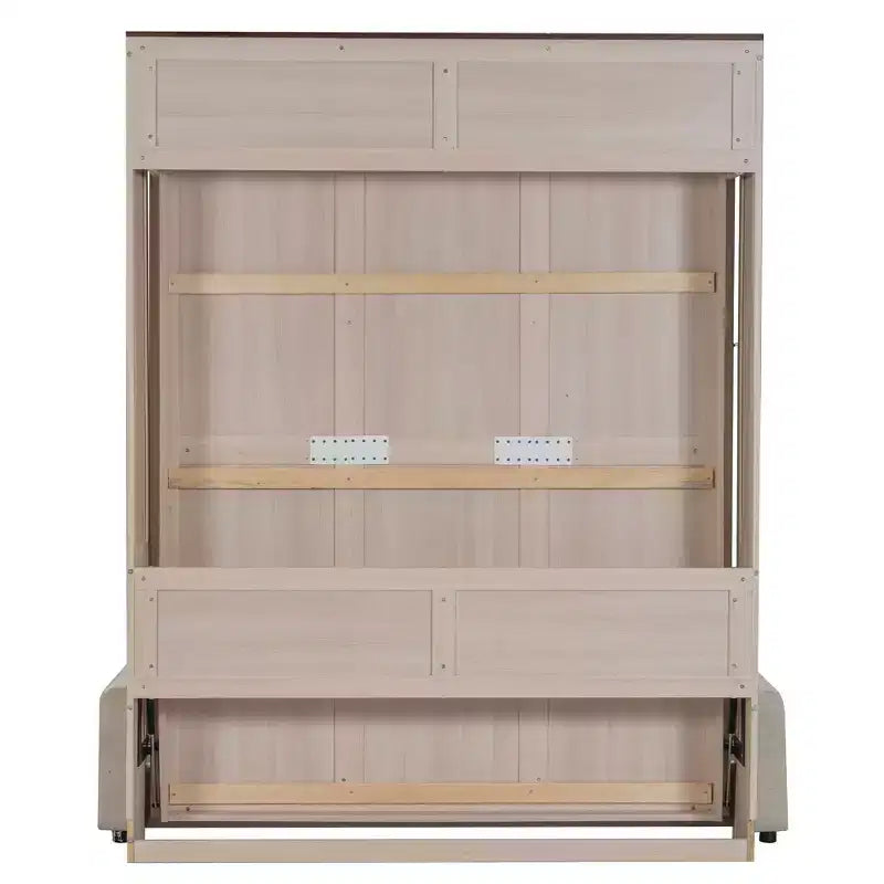 Lit escamotable Queen Size avec canapé, Lit escamotable Queen Size en bois avec éclairage LED, Lit escamotable pliant avec coffre pour chambre d'amis, Beige