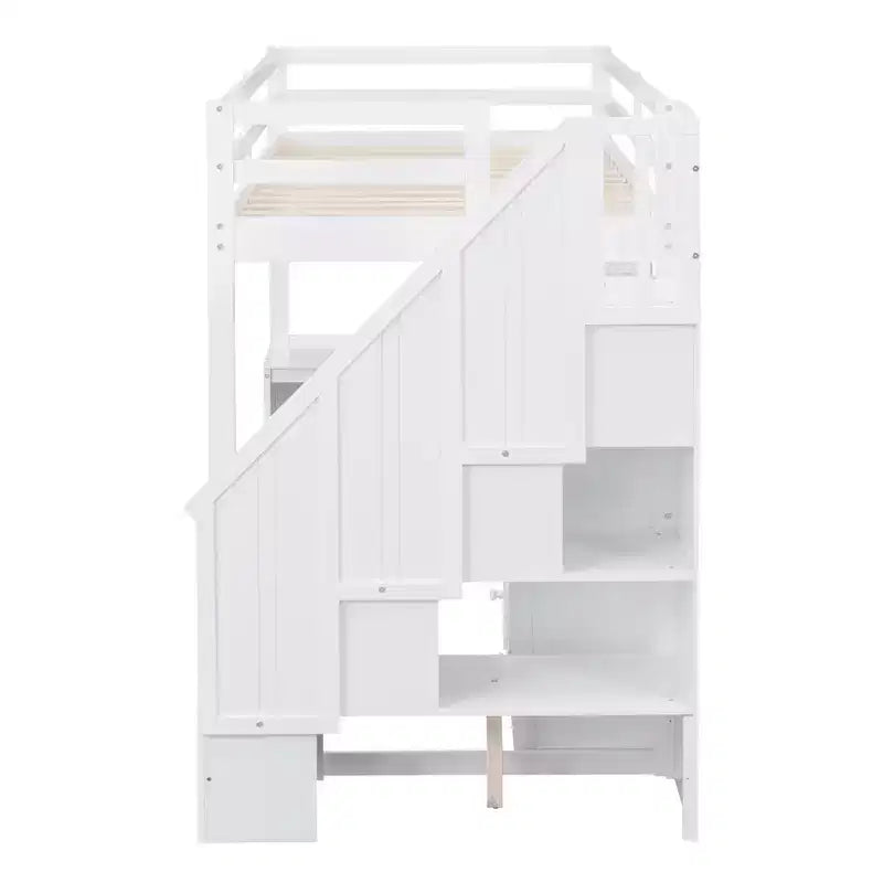 Lit mezzanine une place avec bureau en L, 3 tiroirs, placard, rangements intégrés dans l'escalier, en pin massif/MDF
