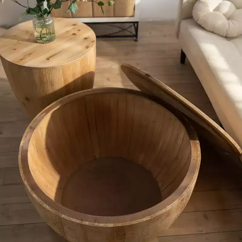 Table basse de rangement ronde et rétro en bois, adaptée au salon, à la salle à manger ou au bureau.