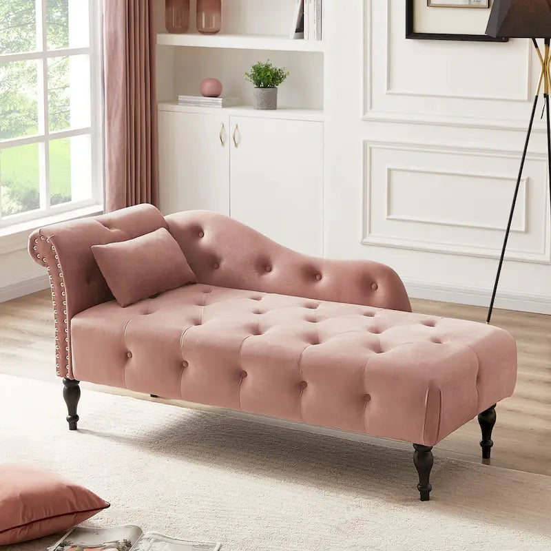 Chaise longue moderne de 154 cm avec revêtement en velours, boutons capitonnés, pieds en bois massif et clous de tapissier