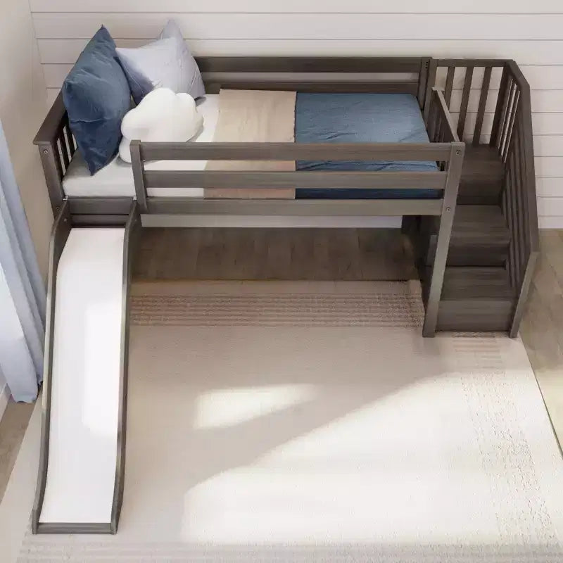 Lit bas mezzanine simple pour enfants avec toboggan et escalier, bois massif, 14 barrières de sécurité, capacité de 180 kg