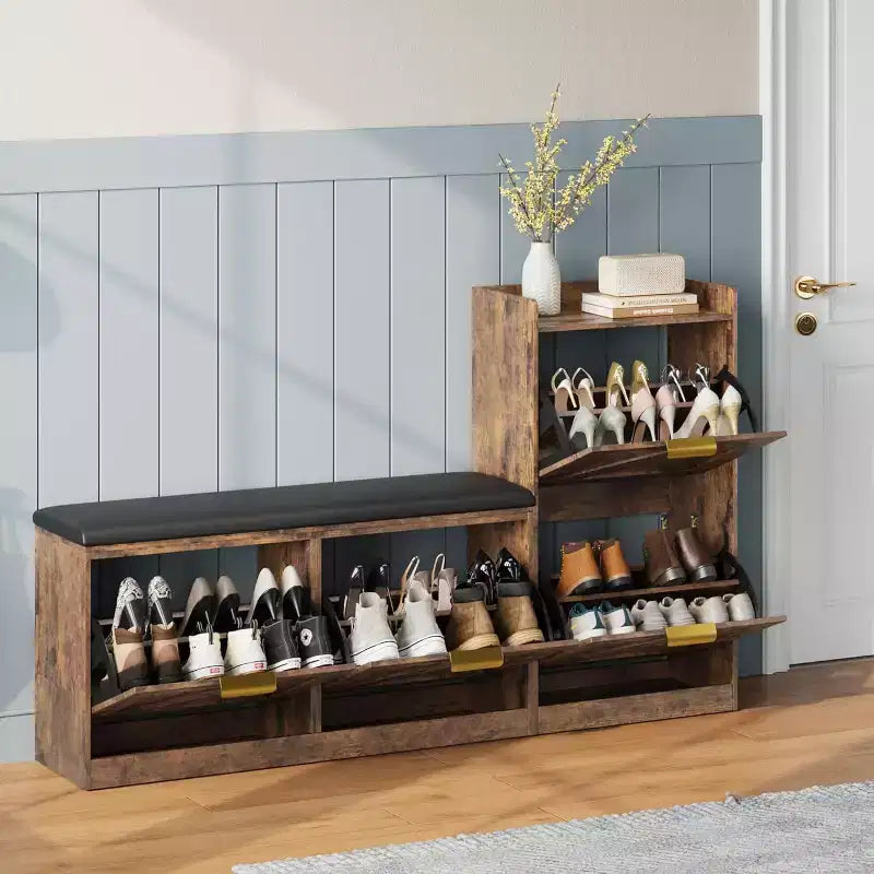 Meuble à chaussures avec banc et 4 tiroirs basculants – Organisateur d'entrée étroit pour 35 à 40 paires