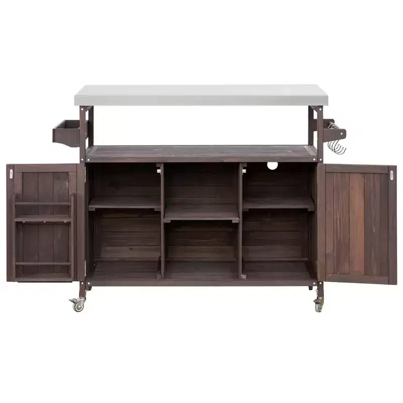 Îlot de cuisine d'extérieur Okak avec plateau en acier inoxydable, chariot de cuisine en bois avec portes, étagères et porte-épices, îlot de cuisine roulant