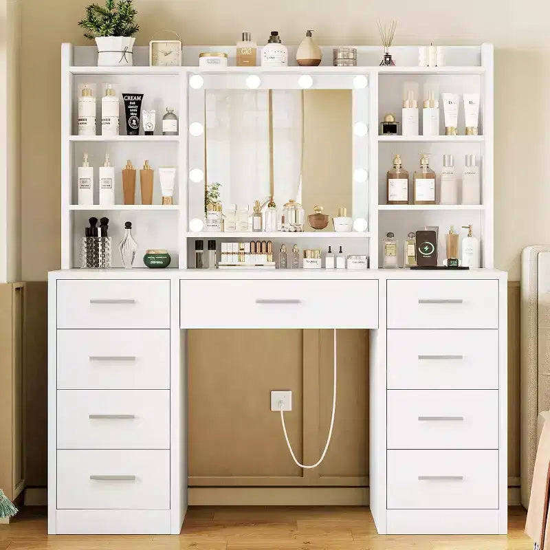 BALHAM TRADE-Coiffeuse avec miroir et lumières 9 tiroirs 6 étagères 3 modes d'éclairage Luminosité réglable