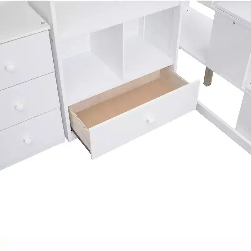 Lit mezzanine une place avec bureau en L, 3 tiroirs, placard, rangements intégrés dans l'escalier, en pin massif/MDF