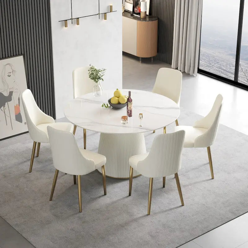 Table à manger ronde de 53 po pour 6 personnes avec plateau en pierre sintérisée et plateau tournant