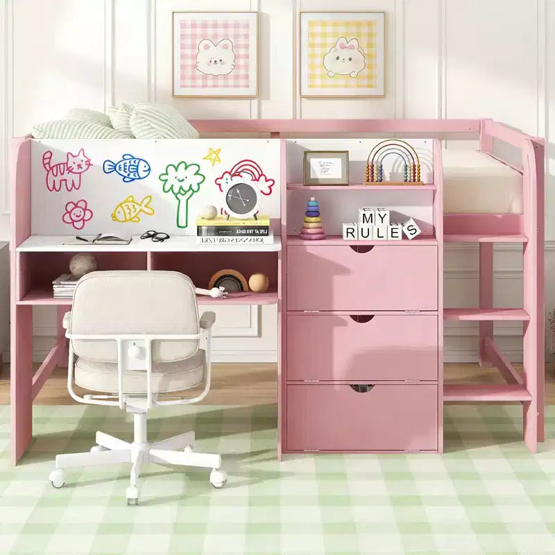 Lit mezzanine bas rose et blanc avec bureau, rangements et tableau blanc – Jumeau, 1 personne