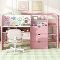 Lit mezzanine bas rose et blanc avec bureau, rangements et tableau blanc – Jumeau, 1 personne
