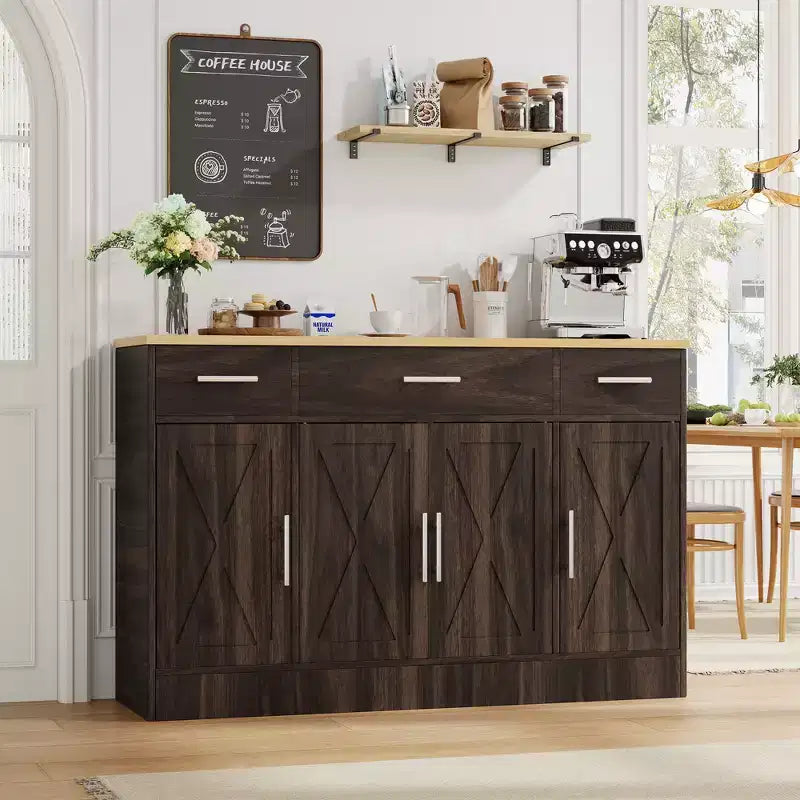 Buffet de cuisine Celebalcony avec rangement, grand buffet de cuisine de 135,6 cm avec 3 tiroirs et 4 portes, étagère réglable pour cuisine, salon
