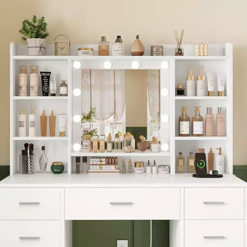 BALHAM TRADE-Coiffeuse avec miroir et lumières 9 tiroirs 6 étagères 3 modes d'éclairage Luminosité réglable