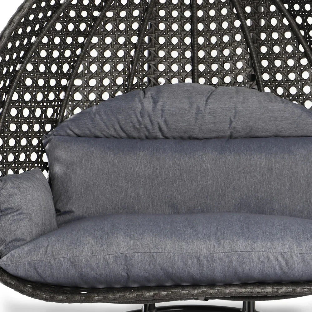LeisureMod Fauteuil suspendu œuf 2 places avec support - Balançoire / hamac de patio en rotin osier pour extérieur/intérieur avec coussins