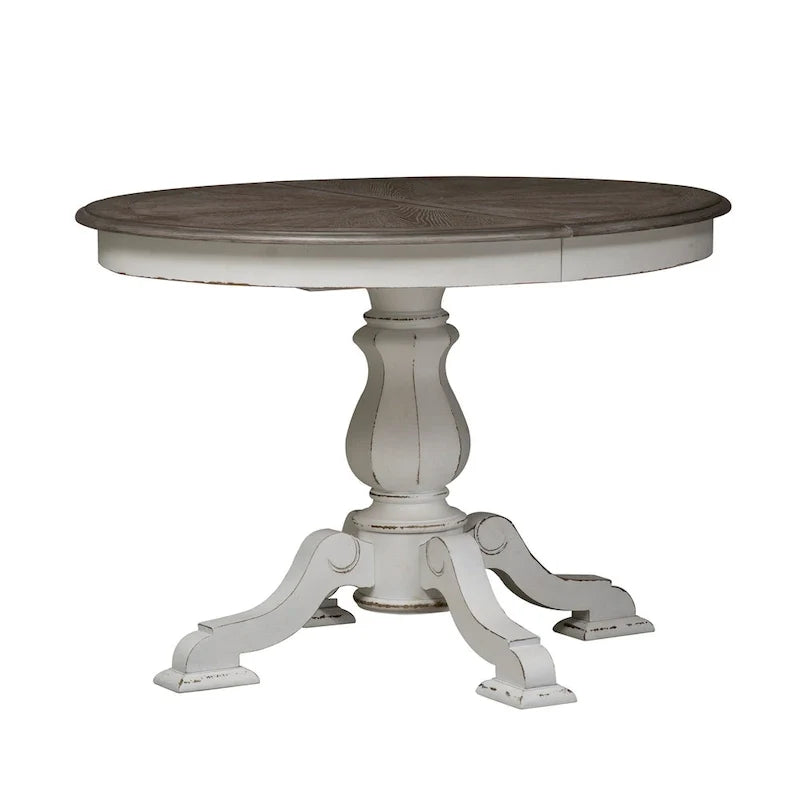 Table à dîner ronde sur pied Magnolia Manor avec rallonges escamotables - 2 finitions