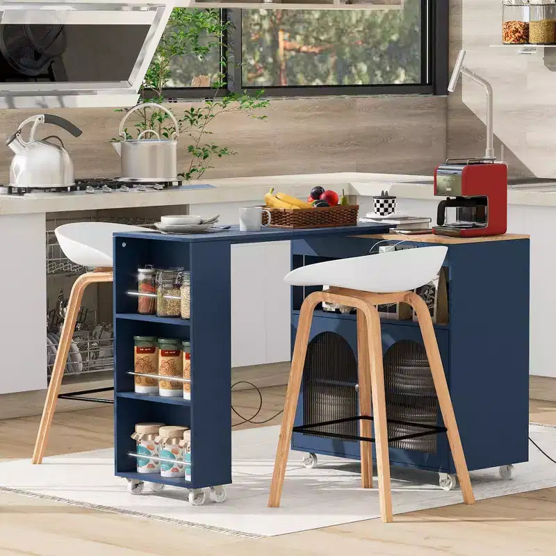 Îlot de cuisine roulant avec 2 portes en verre, Desserte de cuisine avec table extensible et prises de courant, Îlot de cuisine avec étagères ouvertes latérales