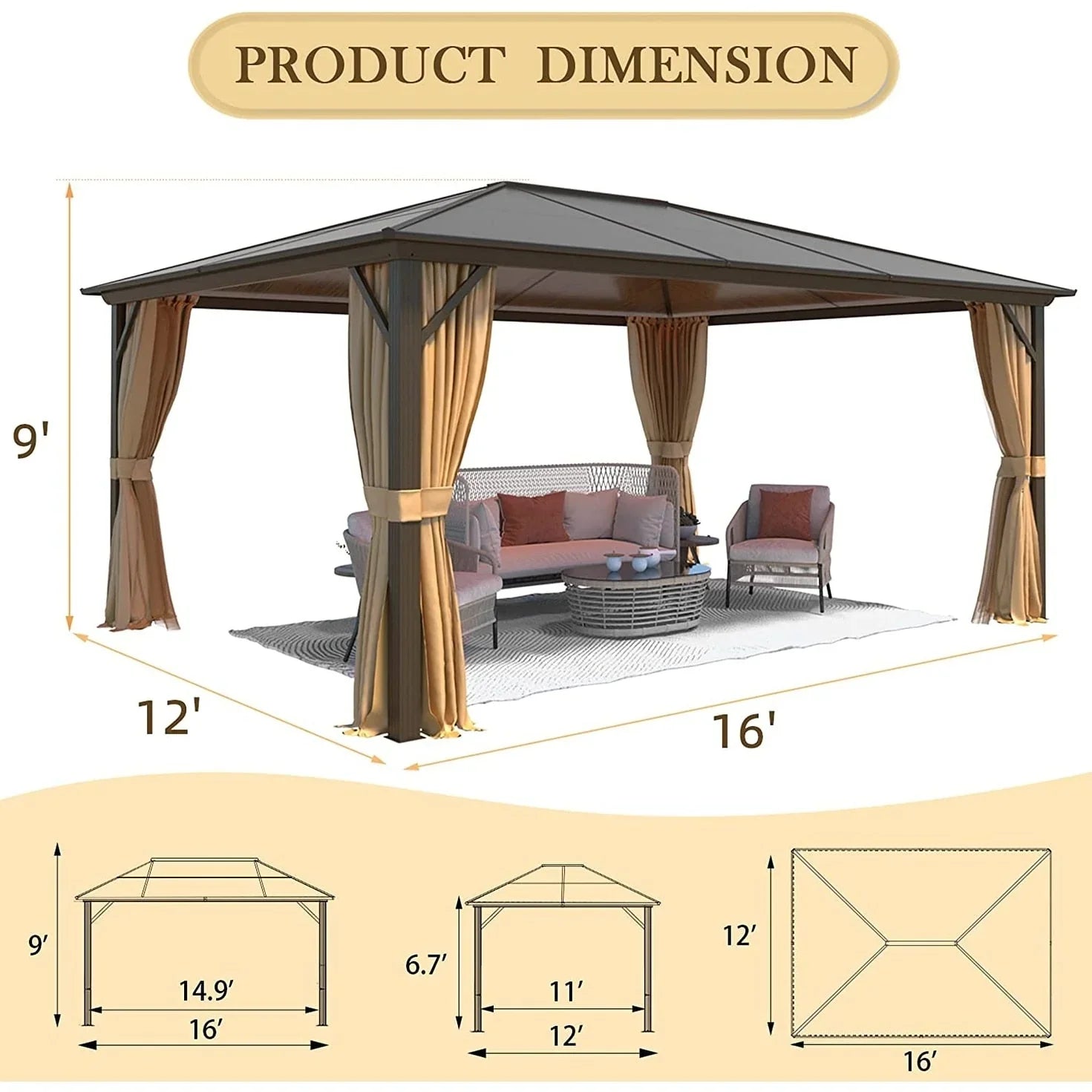 Tonnelle EROMMY à toit rigide, pergola extérieure avec double toit, moustiquaire et rideaux, auvent robuste pour patio, jardin, fête au bord de la piscine