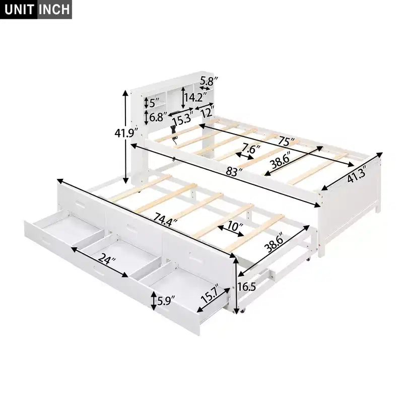 Lit plateforme avec lit gigogne et tiroirs, lit plateforme de rangement avec USB, lit plateforme en bois avec bibliothèque