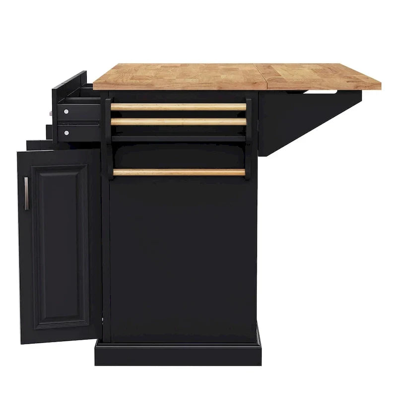 54 Grand îlot de cuisine avec plateau rabattable en bois d'hévéa, chariot de cuisine roulant à texture gaufrée sur 4 roues avec 4 portes et 3 tiroirs