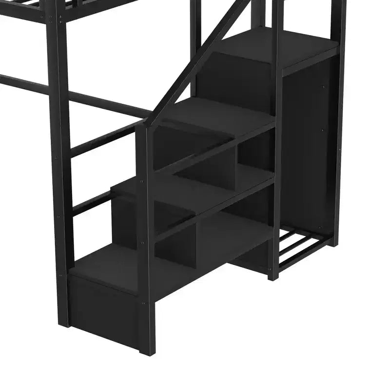 Lit mezzanine ModernLuxe double/grand format avec escalier et armoire intégrée, cadre de lit en métal avec lumières LED, station de charge USB et étagères de rangement